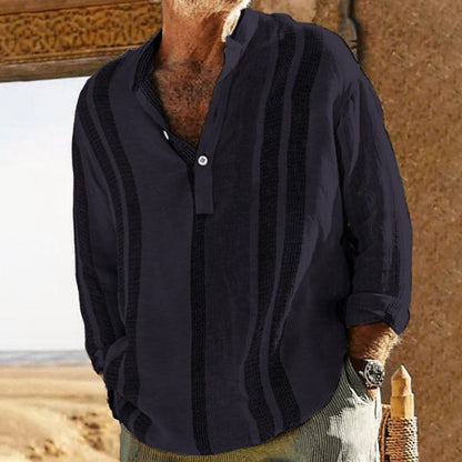【24-hour shipping】Men's V-neck Striped Print Loose Lapel Cotton Linen Shirt 98320759X