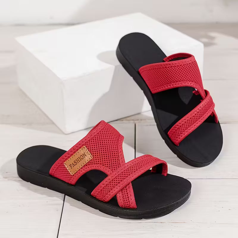 Rossie Slide Sandals — Women’s Breathable Mesh, Crisscross Strap Flat Summer Slides