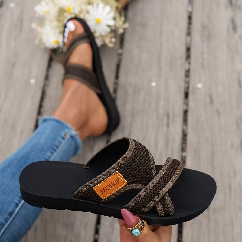 Rossie Slide Sandals — Women’s Breathable Mesh, Crisscross Strap Flat Summer Slides