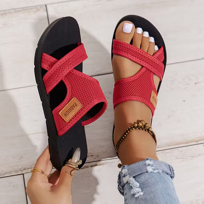 Rossie Slide Sandals — Women’s Breathable Mesh, Crisscross Strap Flat Summer Slides