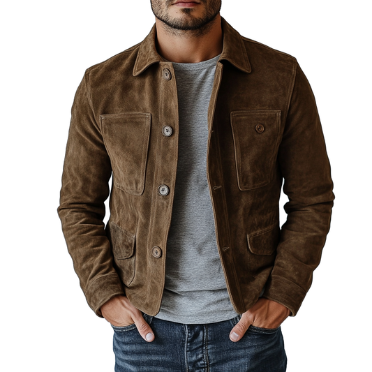 Men's Vintage Suede Buttons Multi-Pocket Lapel Jacket 84627631Y
