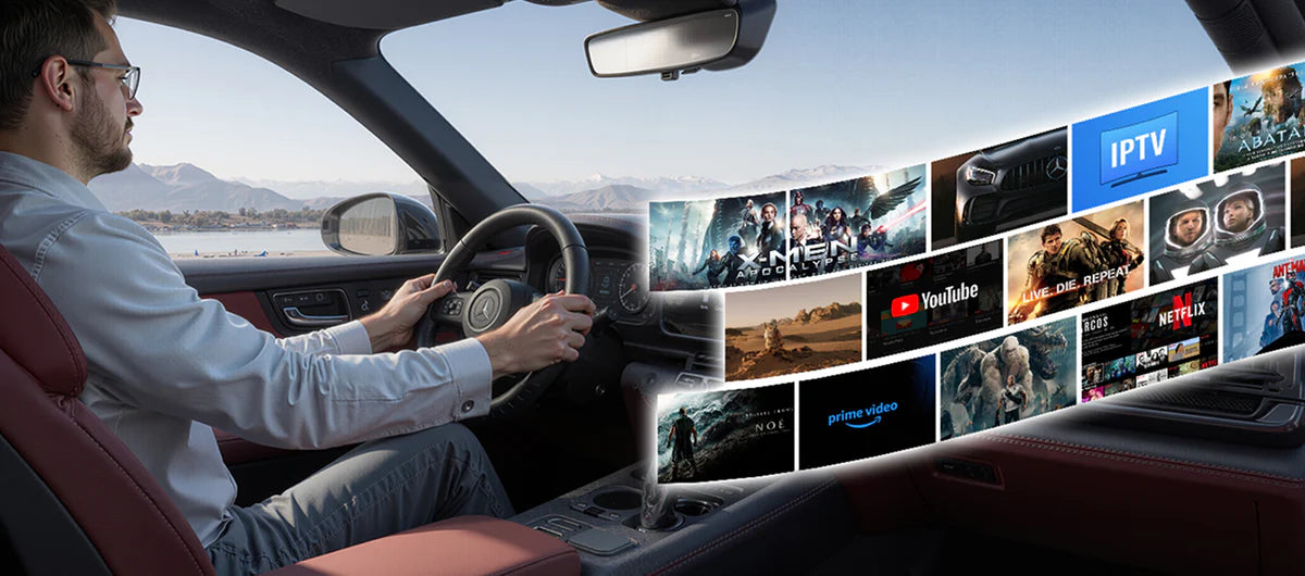 Play2Video Ultra 7” — Wireless Apple CarPlay & Android Auto Adapter with Built-in Touchscreen & Streaming Apps