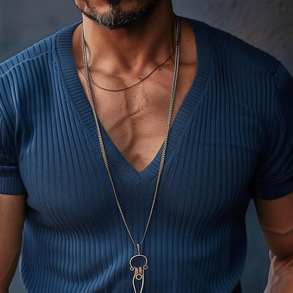 【24-hour shipping】Men's Solid V Neck Short Sleeve Knit T-shirt 80245421Z